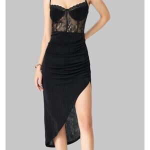 Cider Black Lace Whimsigoth Stretchy Ruched Split Cami Midi Dress Juniors Size L